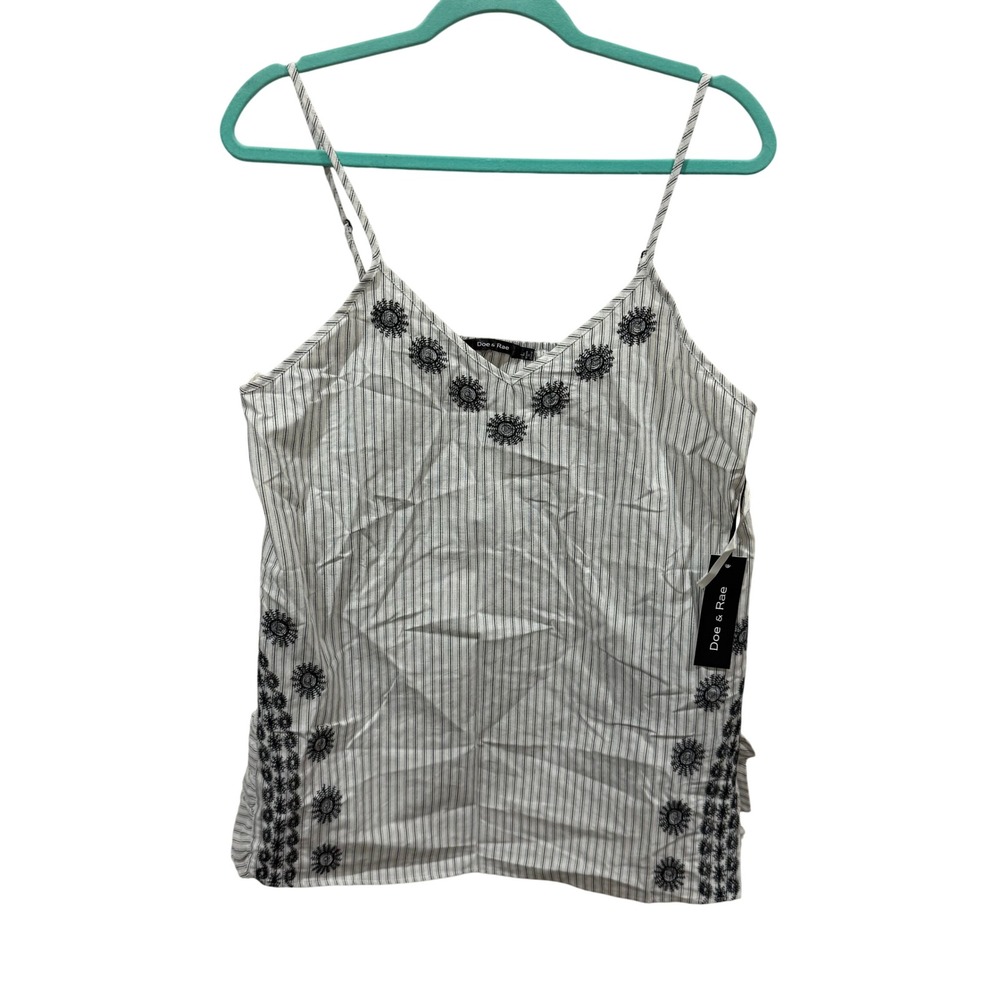 Doe & Rae Womens Pinstripe Embroidered Ruffle Camisole Top S#9057T White Black L